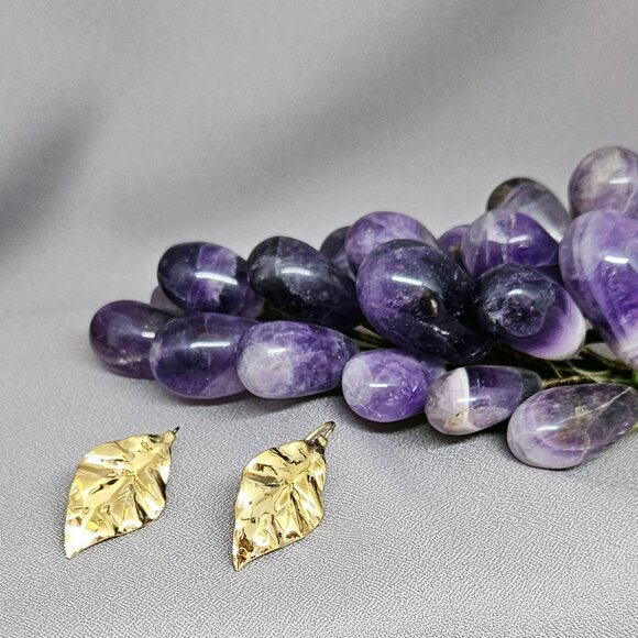 Textured Leaf Earrings, Stamped design w/ Ear Hooks, Gold Plate - 1 1/2" - Picture 9 of 9